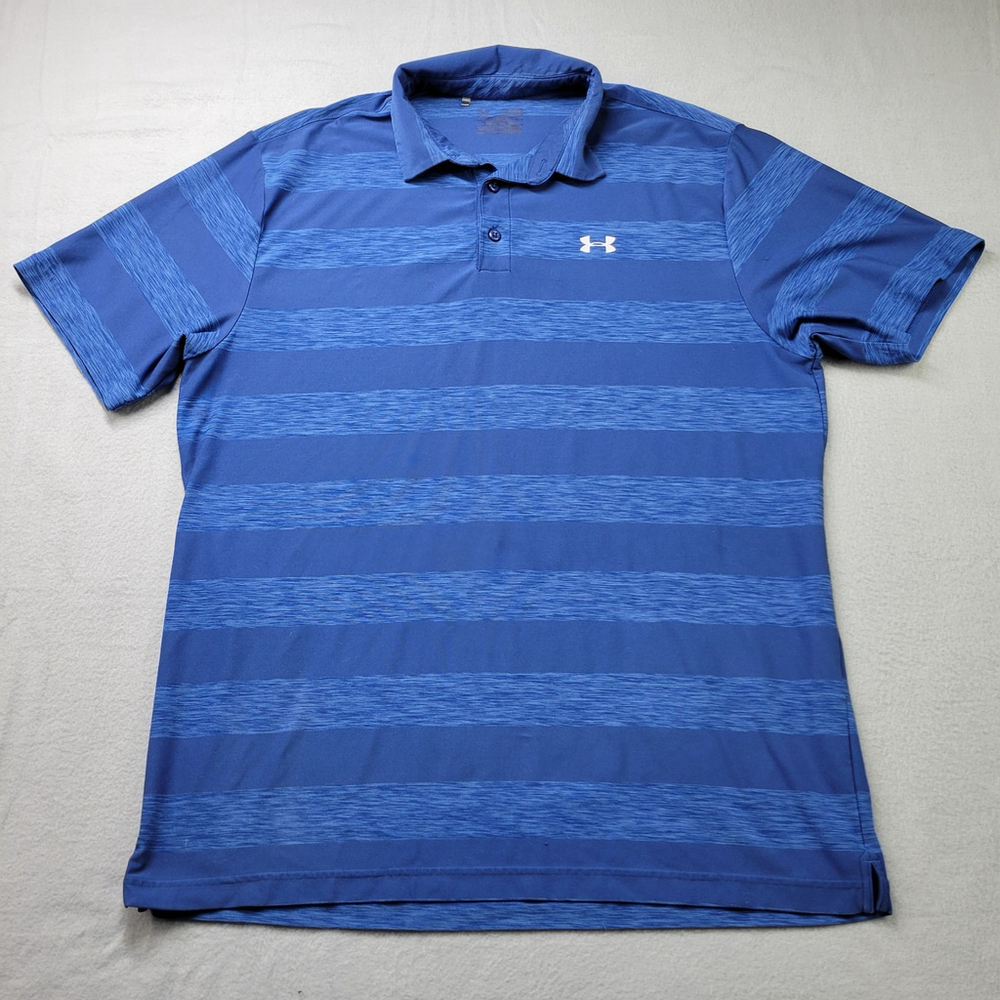 Under Armour Polo Shirt Men Size XL Blue Striped Short Sleeve Golf Stretch
